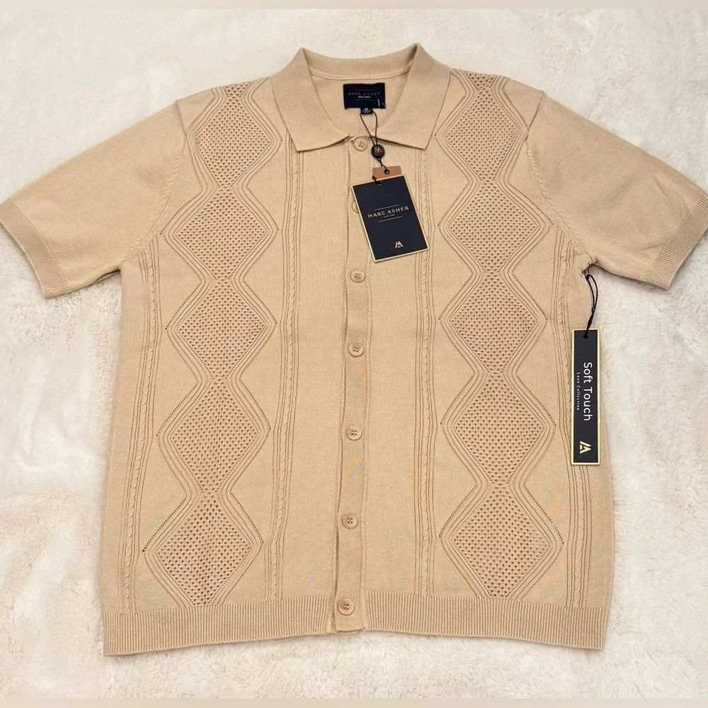 Marc Asher Men's Sand Knit Short Sleeve Button-Up Shirt Geometric Pattern M